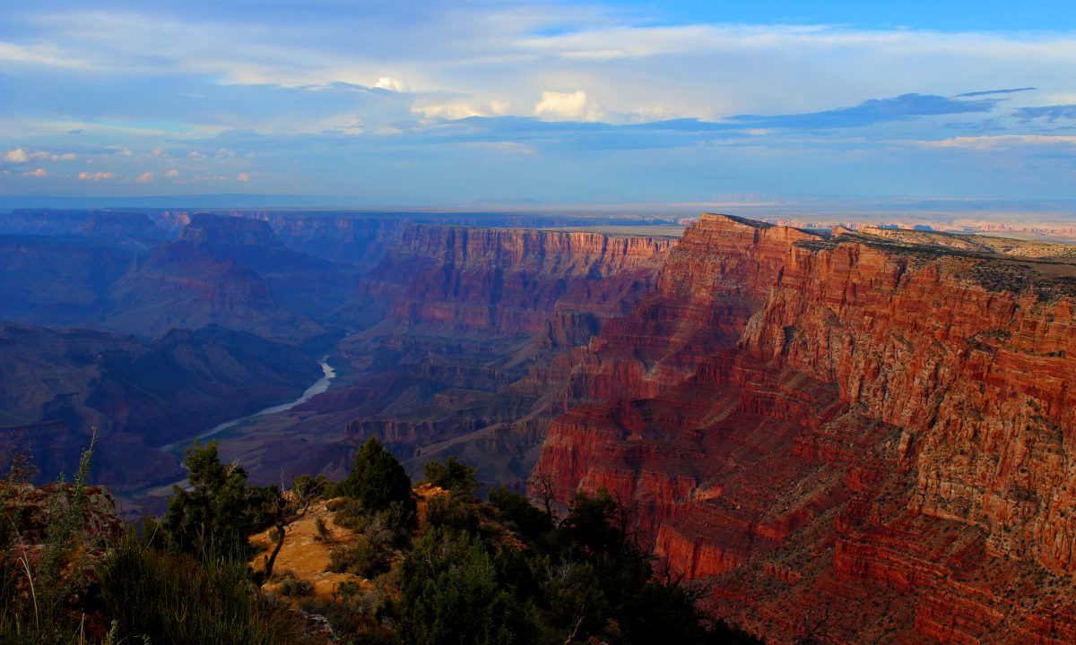 The Grand Canyon at dusk with the Colorado River far below