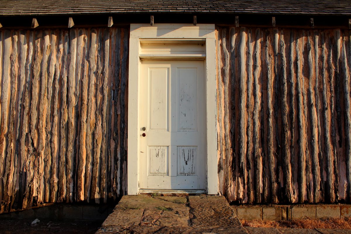 A white door set into a cedar log cabin wall in late afternoon light