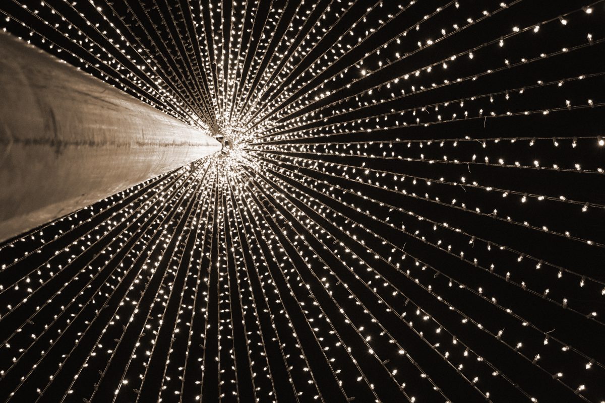 String lights radiating outward into darkness beneath a canopy
