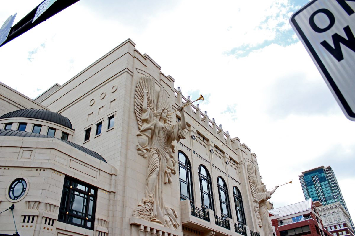 Carved stone angels on the facade of Bass Performance Hall, Fort Worth